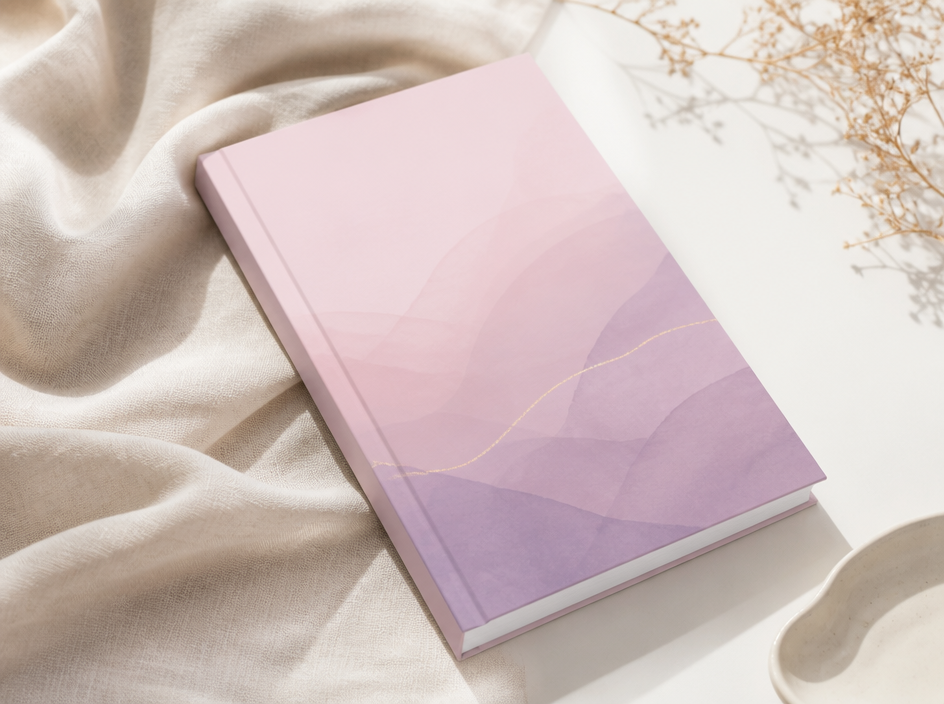 A soft-cover wellness journal with a blush and lavender cover resting on linen