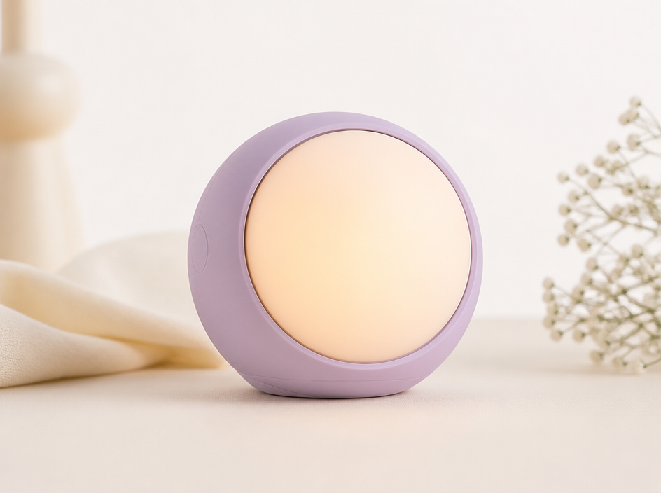 A small lavender breathing meditation light glowing warmly