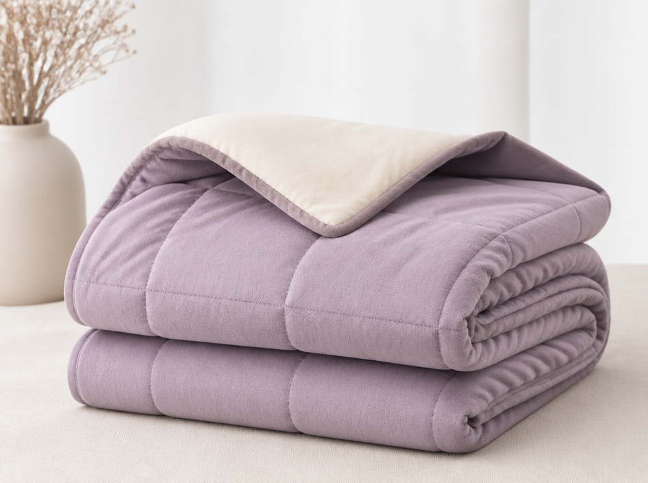 A folded lavender and cream weighted comfort wrap blanket